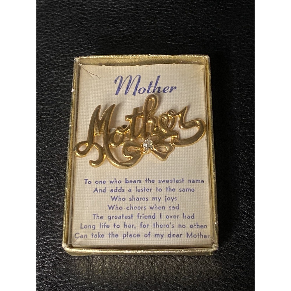 Vtg gold tone metal SCRIPT MOTHER MOM BOW Crystal Brooch Jewelry Poet Box